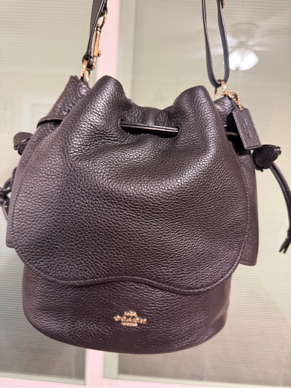 Coach Black Pebbled Leather Drawstring Bucket Shoulder Bag